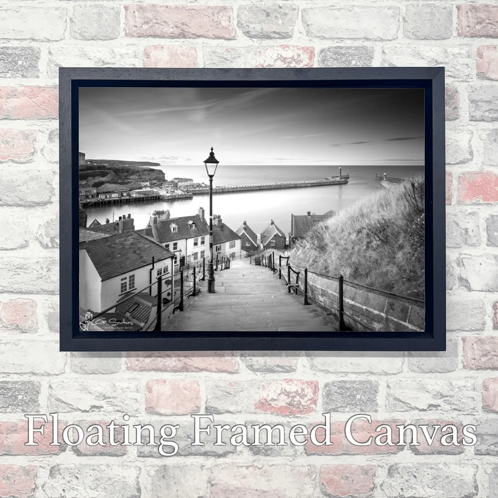 Whitby’s 199 Steps To The Abbey Black And White 3 Whitby’s 199 Steps To The Abbey Black And White - Landscape-Float-Frame-Canvas