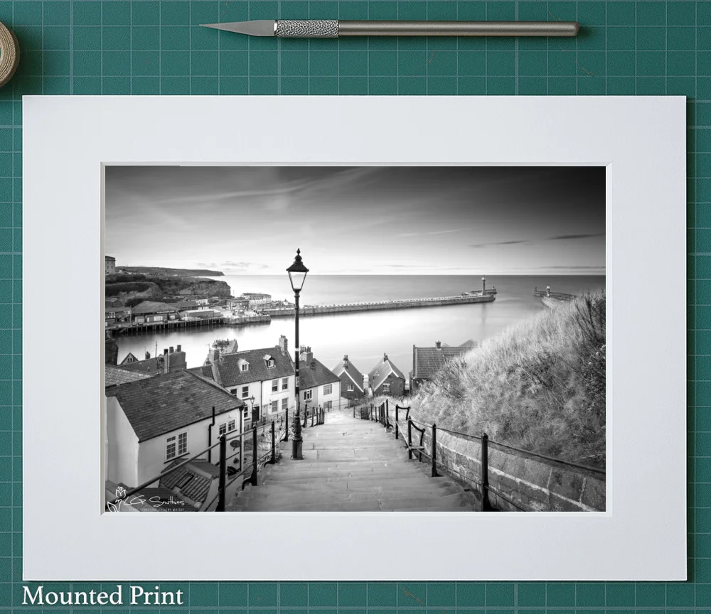 Whitby’s 199 Steps To The Abbey Black And White 2 Whitby’s 199 Steps To The Abbey Black And White - Landscape-Mounted-Print