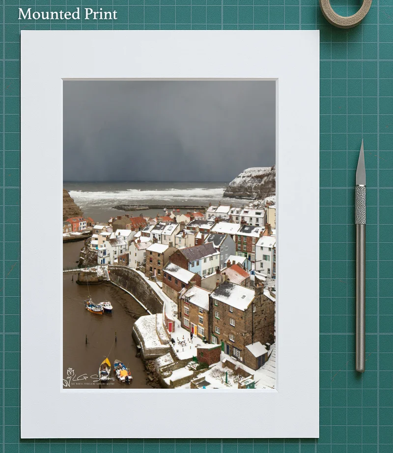 Winter Snow Over Staithes 5 Winter Snow Over Staithes - Mounted-Print-Portrait